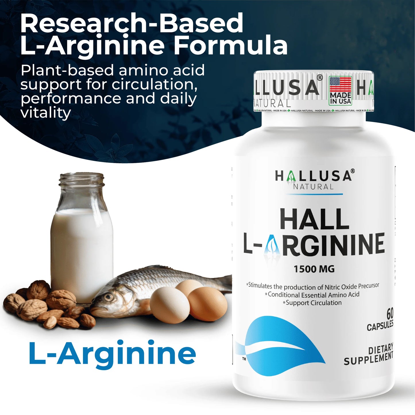 L-Arginine 1500 Mg, 60 Capsules, Nitric Oxide Support, Blood Flow & Circulation Support, Pre Workout & Performance Formula