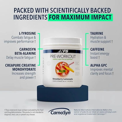 Pre-Workout Powder – Energy, Focus, Strength & Endurance Support for Men & Women – Strawberry Lemonade – 25 Servings