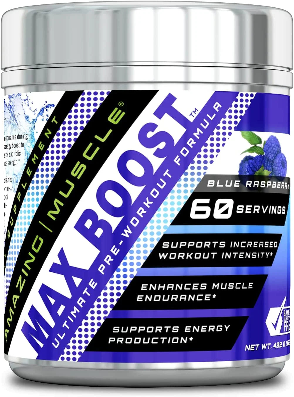 Max Boost Pre-Workout Formula, 60 Servings- Sucralose - Blue Raspberry