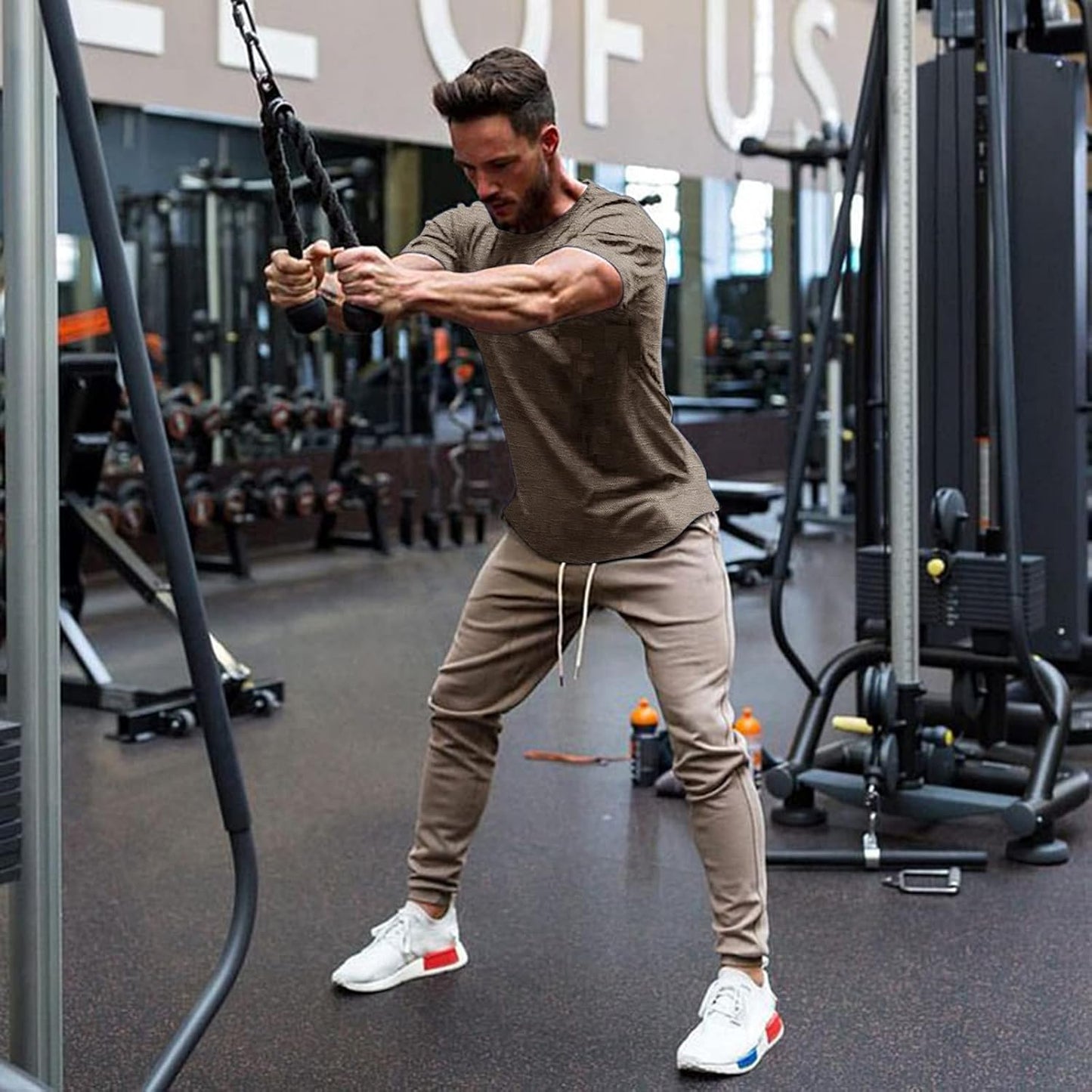 Men Workout T Shirt Cotton Running Short Sleeve Longline Solid Tee Top Brown