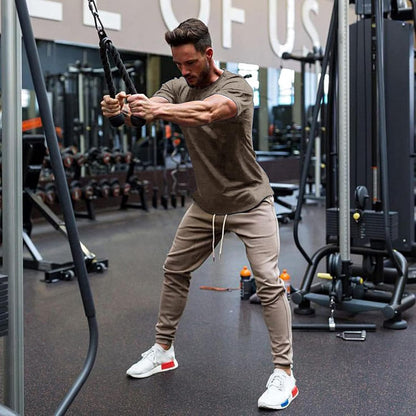 Men Workout T Shirt Cotton Running Short Sleeve Longline Solid Tee Top Brown