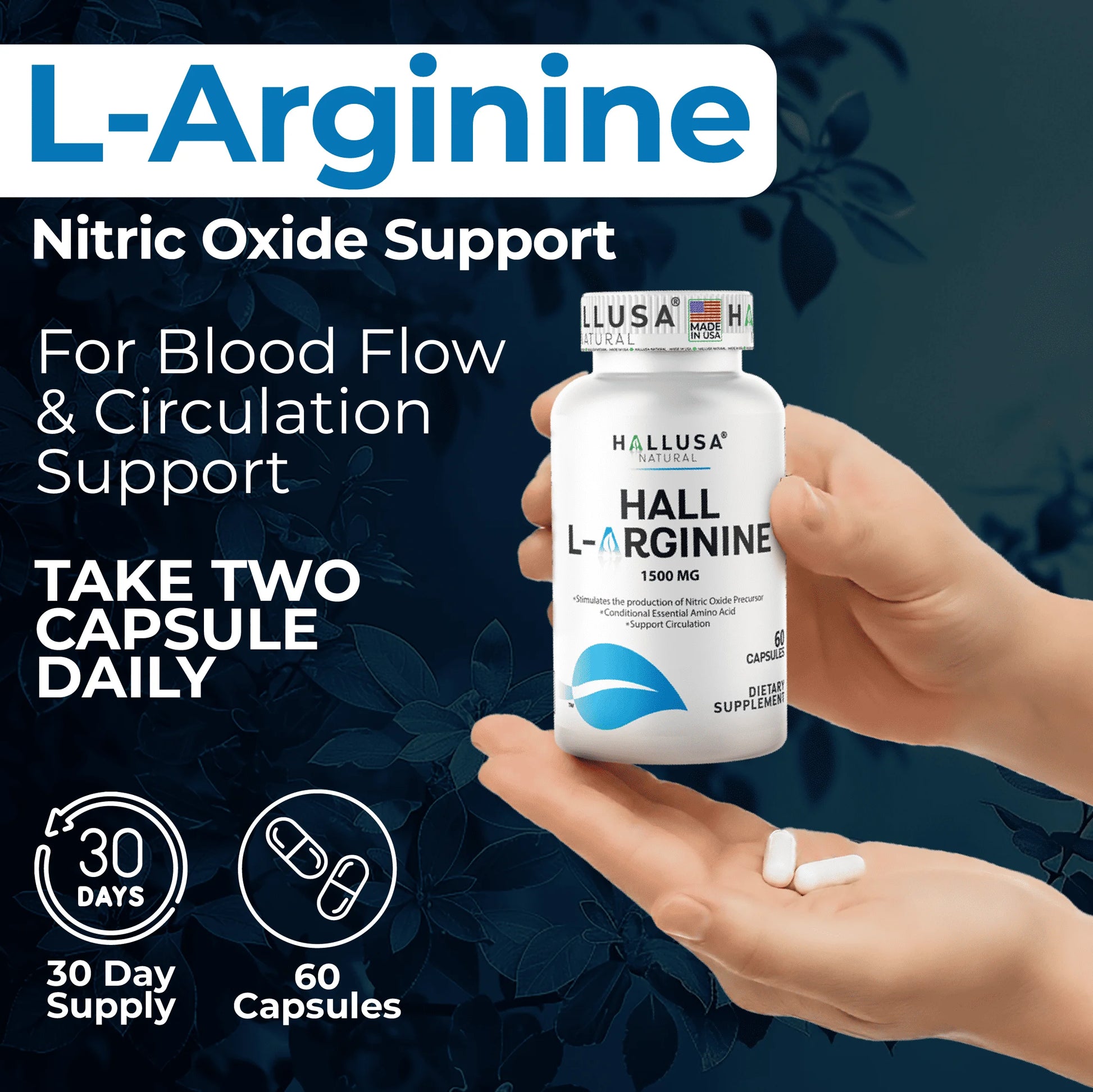 L-Arginine 1500 Mg, 60 Capsules, Nitric Oxide Support, Blood Flow & Circulation Support, Pre Workout & Performance Formula