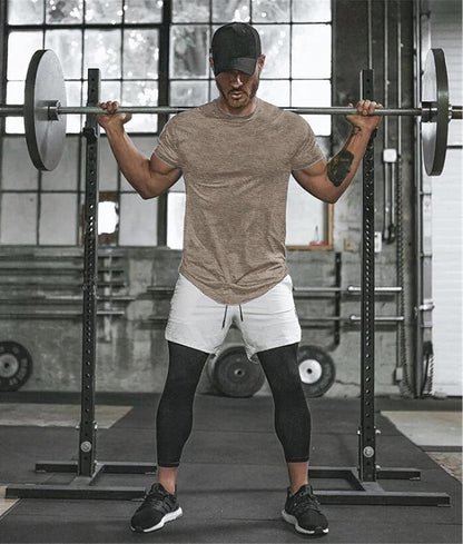 Men Workout T Shirt Cotton Running Short Sleeve Longline Solid Tee Top Brown