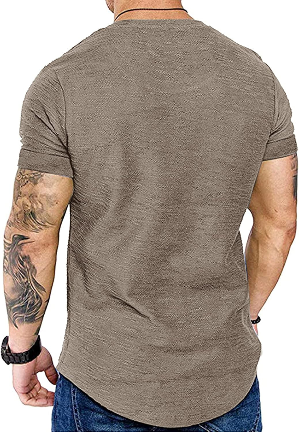 Men Workout T Shirt Cotton Running Short Sleeve Longline Solid Tee Top Brown