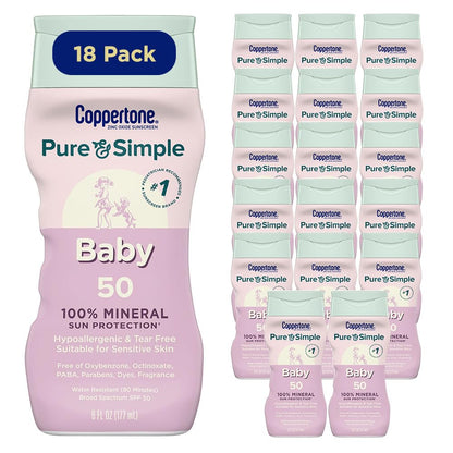 Pure and Simple Baby Sunscreen Lotion SPF 50, Zinc Oxide Mineral Sunscreen for Babies, Hypoallergenic and Tear Free, 6 Fl Oz Bottle, Pack of 18